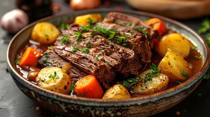 Savory Braised Beef with Aromatic Herbs and Colorful Roasted Vegetables: A Perfect Dish for Family Gatherings and Special Occasions