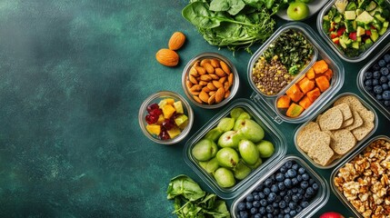 Healthy Lunch Box Filled with Assorted Nutritious Snacks on a Green Surface
