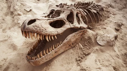 Fotobehang Dinosaurussen Fossilized skull and teeth of a massive dinosaur skeleton partially embedded in sandy terrain surrounded by small stones with the head tilted upward to reveal sharp fangs and a strong jaw  © Cyber Shutter