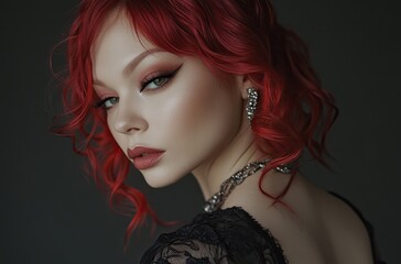 Fototapeta premium Beautiful woman with red hair in a stylish hairstyle and bright makeup on a dark background.