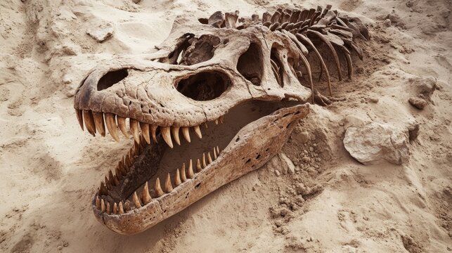 Fototapeta Fossilized skull and teeth of a massive dinosaur skeleton partially embedded in sandy terrain surrounded by small stones with the head tilted upward to reveal sharp fangs and a strong jaw