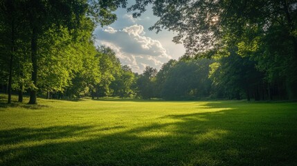 Lush green meadow surrounded by trees under a summer sky