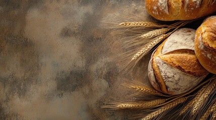 Freshly baked bread alongside wheat ears on a rustic backdrop Aerial perspective with ample space for text