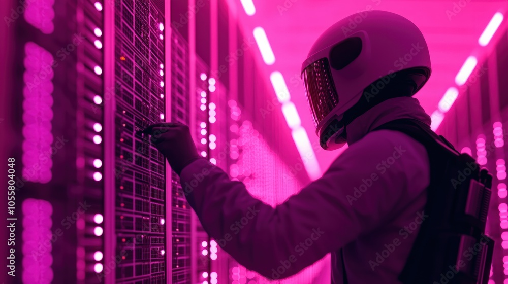 Poster futuristic astronaut interacting with data servers in a neon environment