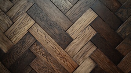 Top view of solid wood flooring with brushed oak finish featuring dark herringbone patterns in a...