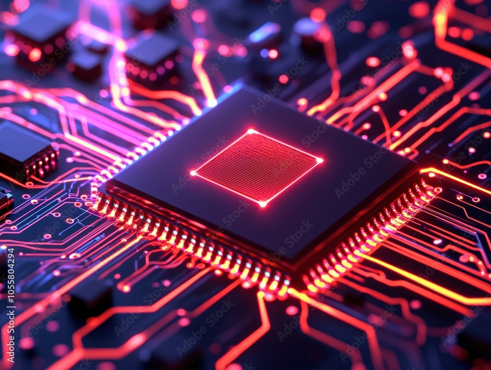 Poster illuminated microchip circuit board highlighting advanced technology in a digital landscape