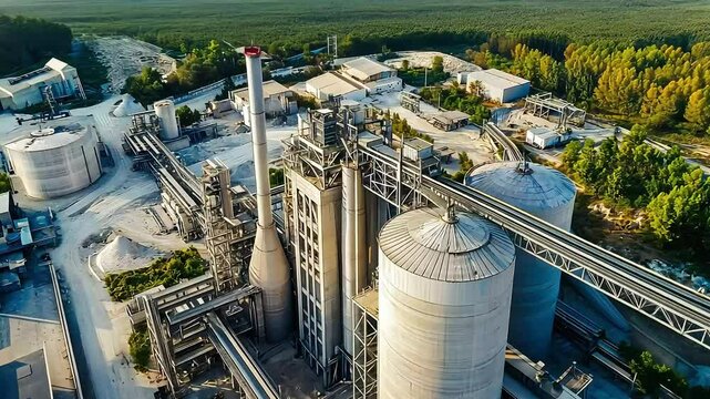 An aerial view of an industrial facility showcasing silos, conveyor systems, and processing equipment, likely for cement or similar materials.