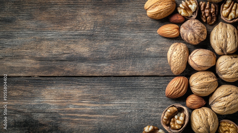 Poster a collection of mixed nuts in their shells featuring walnuts almonds and pecans displayed on a weath
