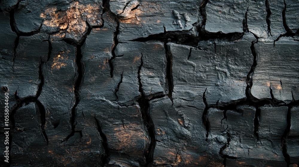 Aufkleber close up of a rough textured surface of charred wood featuring a background that includes ample copy