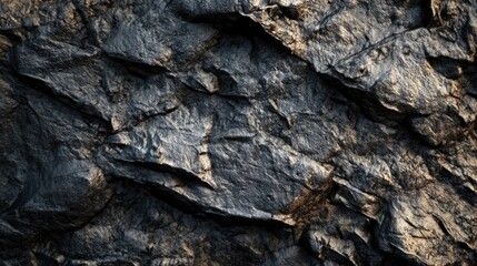 Close up of a rough black rock surface highlighting detailed textures and contrasting shadows