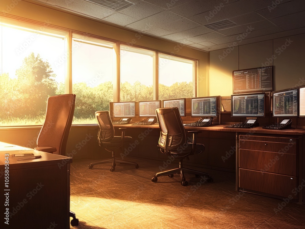 Poster sunlit office workspace featuring multiple computer stations and natural light for productivity enha