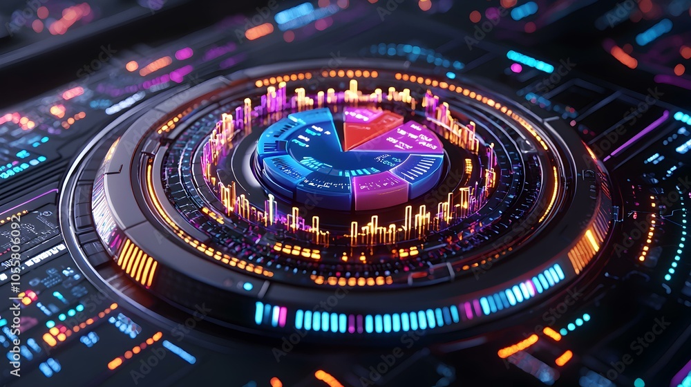 Poster vibrant data visualization, a striking combination of a colorful pie chart and dynamic bar graph ill