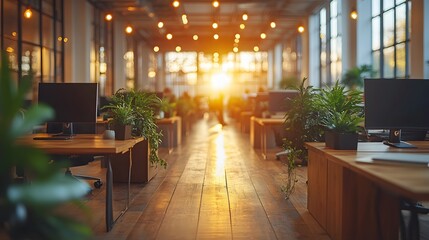 Fototapeta premium Modern coworking space with professionals networking, sleek furniture, warm lighting, and vibrant atmosphere