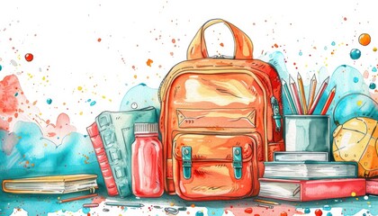 Watercolor Illustration of a Backpack, Books, and School Supplies