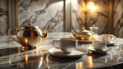 Elegant Tea Set on Marble Surface - Sophisticated Table Display for Stylish Interiors