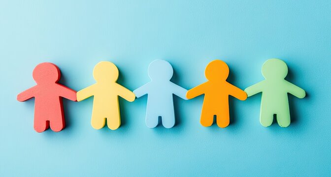 Colorful paper cut-out figures holding hands symbolizing unity and teamwork