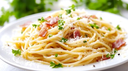 Beautifully plated spaghetti carbonara on a white ceramic plate, arranged elegantly with a creamy sauce, topped with crispy pancetta, freshly grated parmesan, and a light sprinkle of parsley.