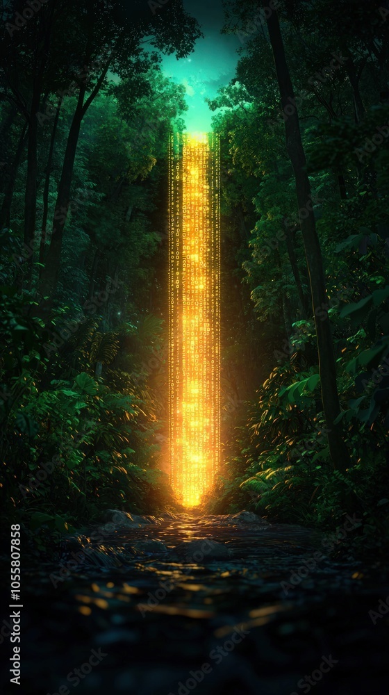 Poster Enchanted Digital Waterfall Illuminating the Forest in a Mesmerizing Display of Light and Nature