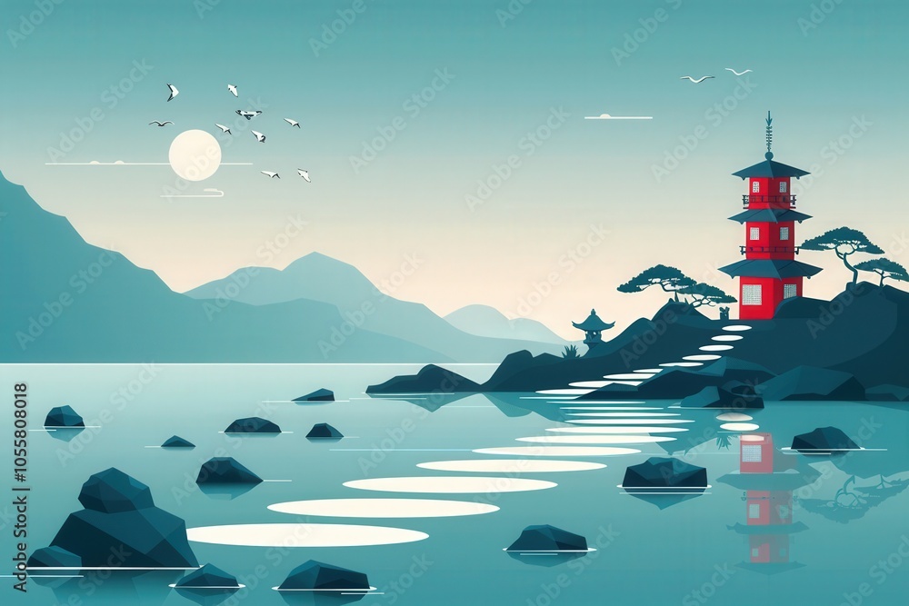 Poster a serene landscape with a red building and a path leading to it