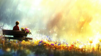 Fototapeta premium Serene floral sunrise with person on bench