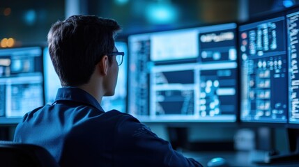 Focused Analyst Analyzing Data on Multiple Monitors in a Technology-Driven Environment