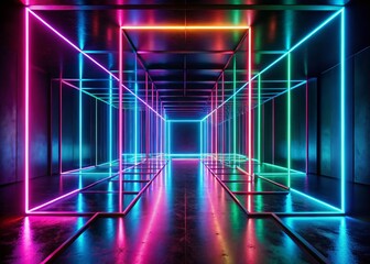 Naklejka premium Empty Black Room with Neon Light Effects for Atmospheric Conceptual Photography