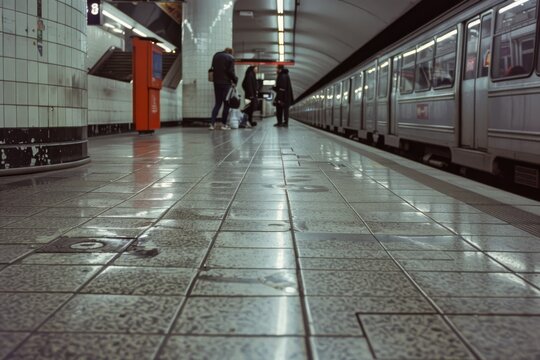 An underground subway platform depicts tiled floors with faint reflections and distant commuters, conveying urban transience.