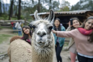 Obraz premium A playful close-up of an alpaca surrounded by smiling friends, highlighting the delight of a shared experience in a natural setting.