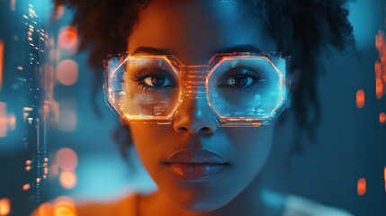 AI cyber security threat, female African American IT specialist analyzing futuristic holographic data information. blue & orange color, segmented reality artificial intelligence concept banner 