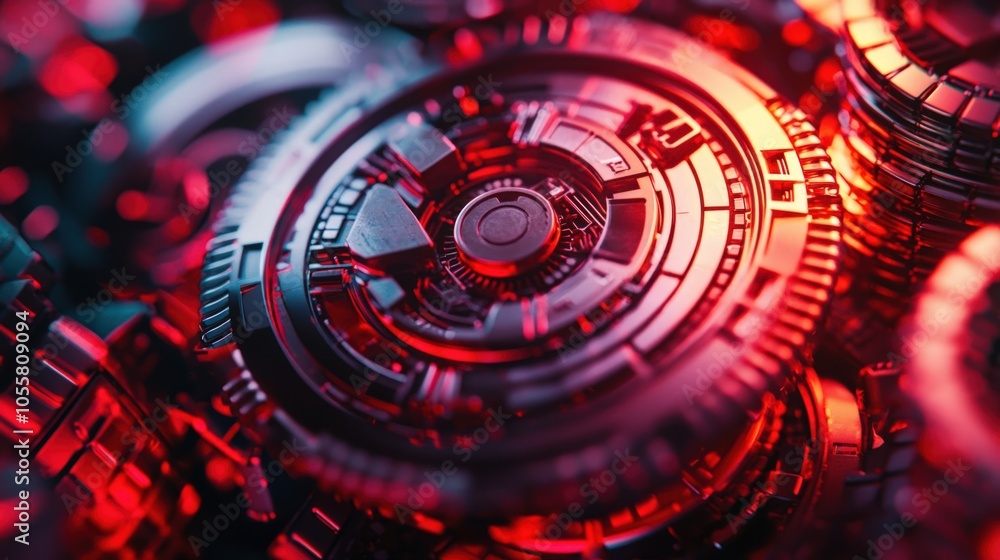 Aufkleber exploring intricate patterns of futuristic technology in a vibrant red-hued environment