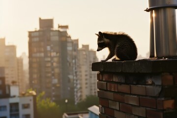 A curious raccoon perched atop a city rooftop, silhouetted against a softly lit skyline, capturing the essence of urban wildlife.