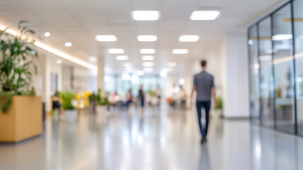 Fototapeta premium Man walking in a clear modern office open space, working people, workplace teamwork blur background