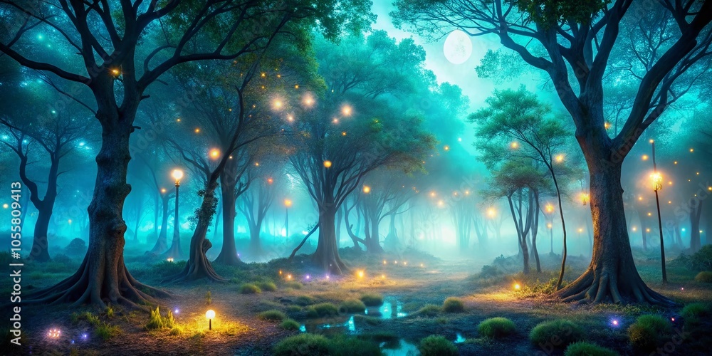 Poster Enchanted Night Forest with Glowing Trees and Magical Atmosphere in High Dynamic Range