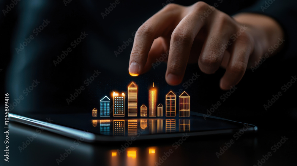 Poster hand interacting with augmented reality cityscape on tablet screen