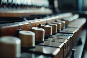 Close-up of vintage organ keys with intricate knobs, exuding a nostalgic and musical warmth.