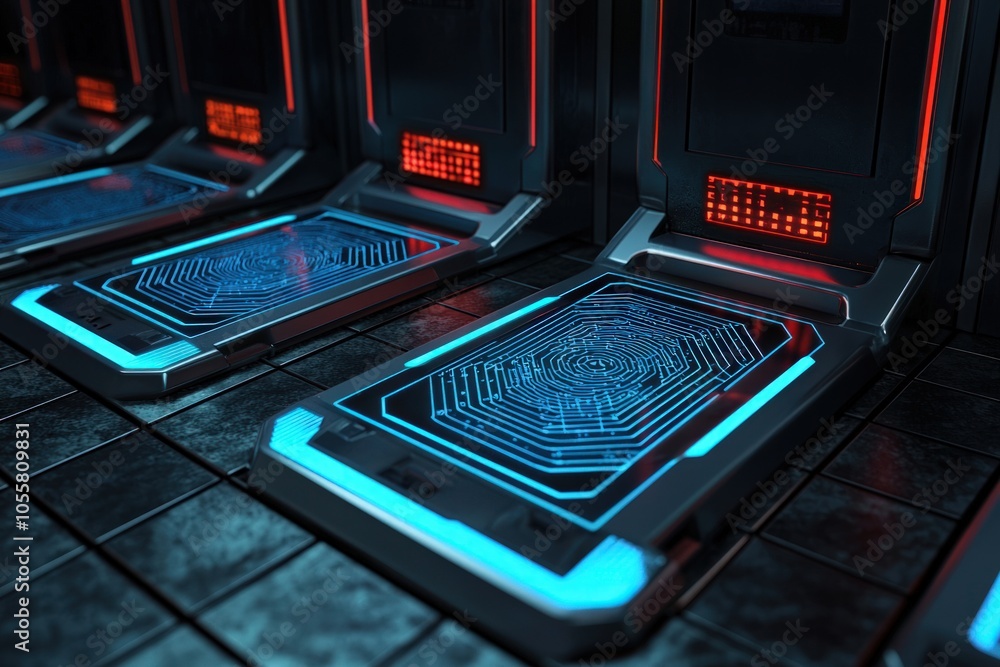 Poster futuristic technology illuminated interfaces in a modern setting