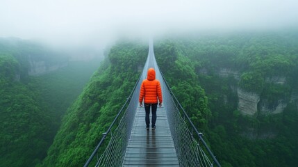 Obraz premium Climber on Narrow Suspension Bridge in Misty Mountains