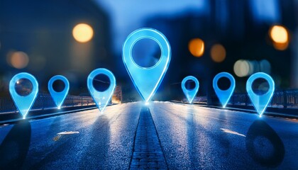 Glowing blue location pins on a dark and blurry street background at night.
