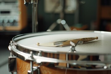 Fototapeta premium A pair of drumsticks rests on a snare drum, capturing the anticipation of an impending beat in a well-equipped music studio.