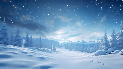 Fototapeta premium A cozy little house near a stream in the midst of snowy mountains. The mesmerizing winter landscape, enveloped in a fairy-tale atmosphere, fascinates with its peace and beauty.