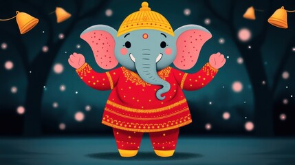 Fototapeta premium Joyful Cartoon Ganesha Dancing in Festive Atmosphere