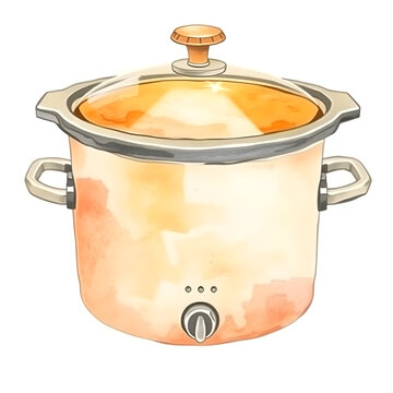 Crock pot, watercolor illustration on white background. Generative AI