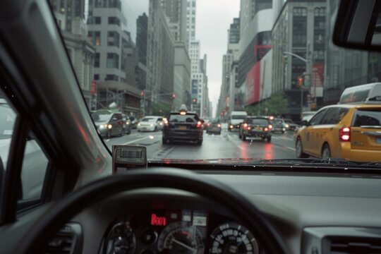 Fototapeta A rainy city street seen from a car's windshield, capturing the hustle of yellow taxis and urban life under a cloudy sky.