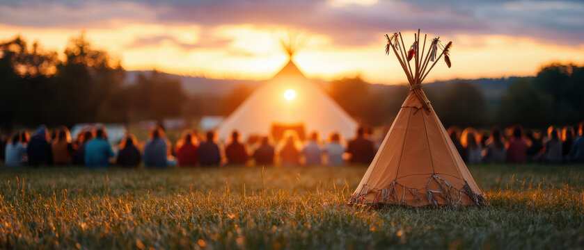 Scenic landscape with tipis against vibrant sunset, creating serene atmosphere