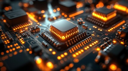 Obraz premium Close-up of a circuit board with glowing microchips and connections.