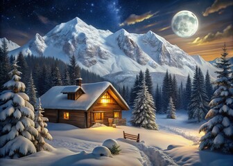 Fototapeta premium Enchanting Winter Cottage Landscape with Full Moon and Majestic Mountains - Cozy Snowy Scenery Photography