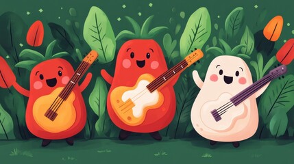 Fototapeta premium Playful Cartoon Tomatoes Playing Guitar Together
