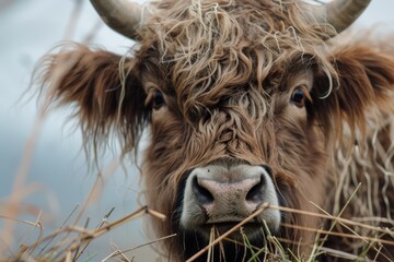 A close-up of a Highland cow, its expressive eyes and curly fur highlighted, set against a misty, grass-filled backdrop, evoking rustic charm.