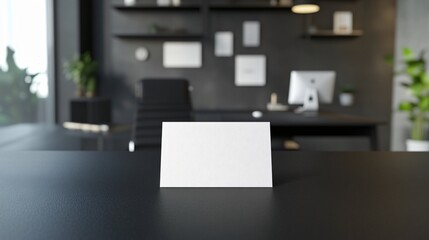Empty white card on a modern black desk in a minimalist office setting, ideal for branding, messaging, or professional presentations.