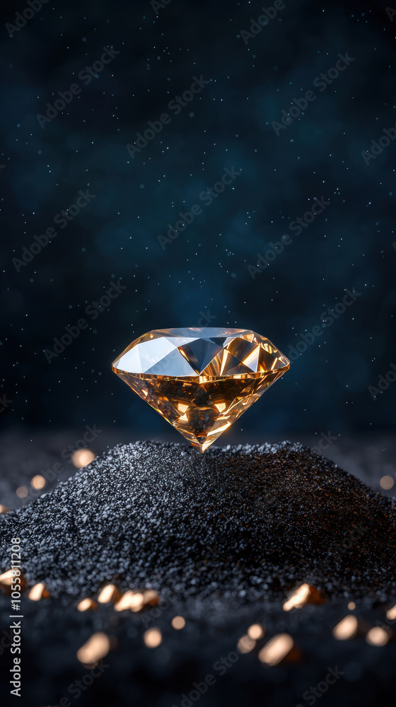 Poster sparkling diamond on dark background with ethereal particles